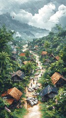 A serene landscape featuring a vibrant village scene during rainfall, with lush greenery, wooden houses, and villagers navigating the muddy path with bundled goods.