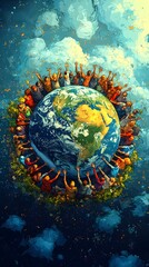 A diverse group of people of various ethnicities joyfully uniting around a vibrant Earth, symbolizing global harmony and collaboration under a bright, inspiring sky.