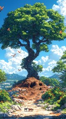 A majestic, sprawling tree with a thick trunk stands proudly in a vibrant landscape, surrounded by colorful flowers and butterflies, with small animals exploring the area.
