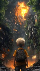 A young boy with blonde hair and a backpack stands in awe before a towering, burning building amidst overgrown vegetation, evoking a sense of despair and wonder in a dystopian setting.