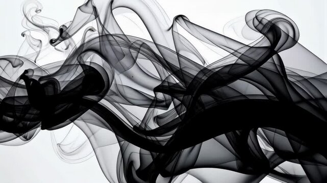 Elegant dark smoke trails swirling and flowing against a clean white backdrop creating an abstract artistic design, transparent wisps.