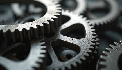 Close-up of stainless steel gears. Gears interlock forming mechanical system. Detailed shot of industrial engineering, machinery parts. Cogs, wheels, mechanism, industrial background.