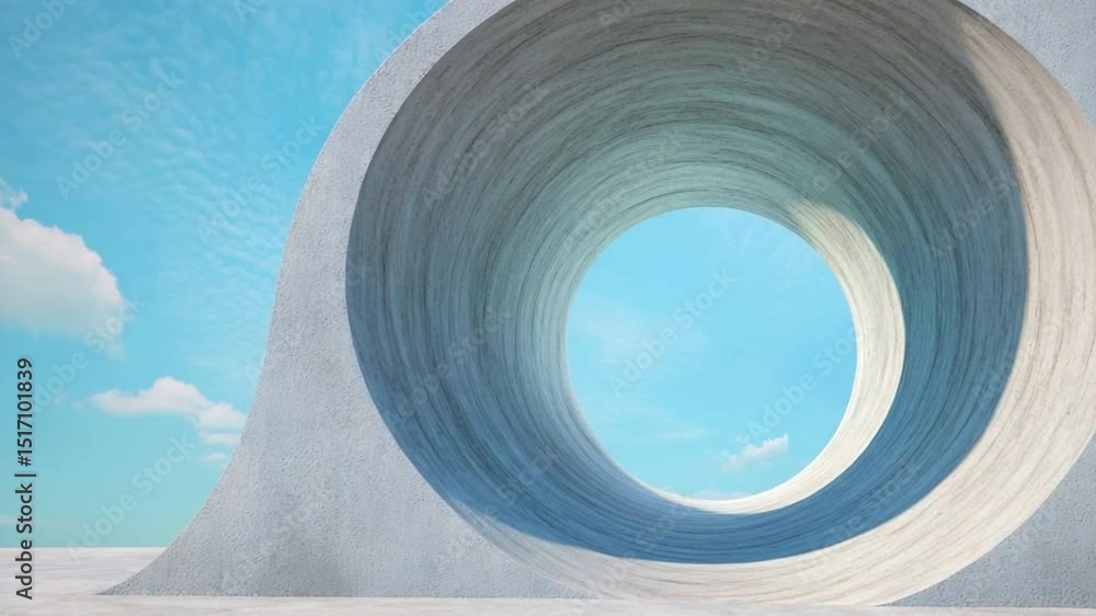 Poster Architectural Serenity: An abstract composition showcases a fluid concrete structure, spiraling towards a tranquil sky. Capturing a sense of open and calm in the environment.