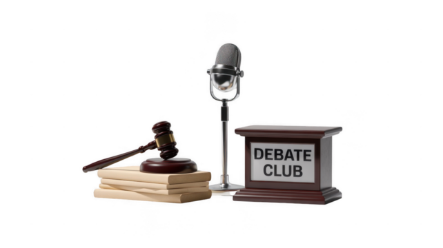 3d rendering of a debate club podium with a microphone, a gavel resting on law books, and a transparent background provides a powerful image of legal discourse and decision making