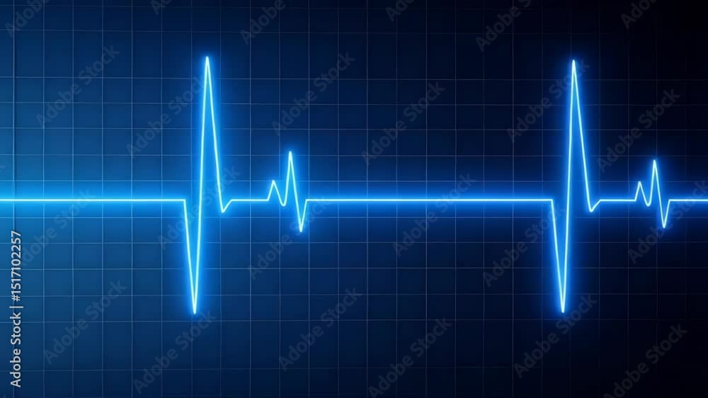 Poster glowing cyan heartbeat rhythm display against grid background simulating medical health monitoring, 