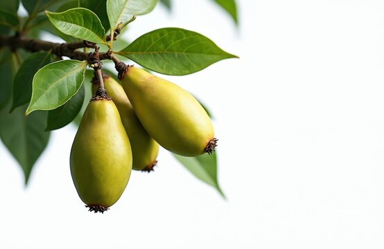 Sapodilla fruits also known as chiku on tree branch. Bunch of ripe, juicy, fresh Manilkara zapota fruits, with green leaves. Ideal for recipes, desserts, food, healthy eating themes.
