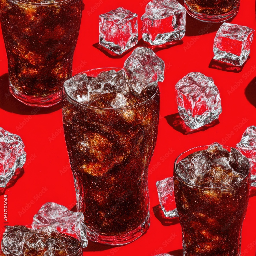 Poster seamless cold glasses filled with carbonated beverage and ice cubes are arranged against a bright re