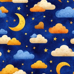 seamless texture this features a vibrant cartoon night sky with cheerful clouds, smiling moons, and bright stars, perfect for creating playful backgrounds in various design projects.