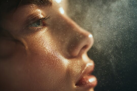 Close-up of a person's face with glowing skin and a dewy, refreshing mist creating a sense of hydration and well-being.