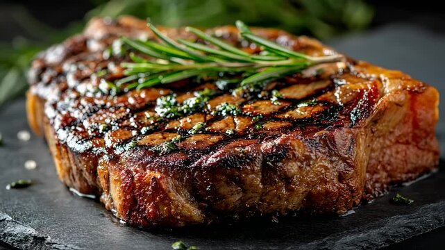 A close-up shot of a perfectly grilled ribeye steak, rich grill marks across the surface