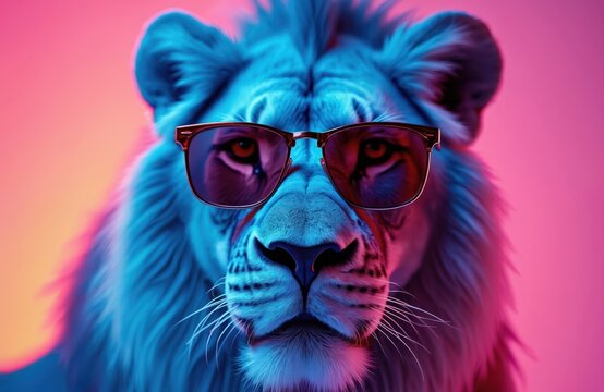 Majestic lion wears trendy sunglasses. Close-up portrait against colorful studio background. Blue, pink fur, 3D rendering effect. Ai-generated image vibrant colors, creating modern, stylish look. - Powered by Adobe
