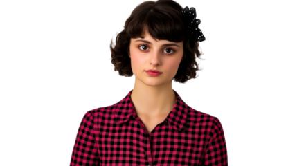 Retro styled brunette with pink checkered shirt, cut out transparent