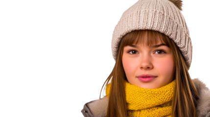 Attractive woman with beanie, scarf, and winter jacket, cut out transparent