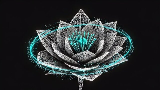 Abstract White Flower with Glowing Blue Accents Digital Art on Black Background with Intricate Details and Futuristic Design for Adobe Stock Photo