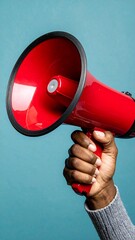 Holding red megaphone speaker on blue background, closeup. Vertical photo