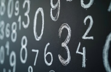 Numbers background. White chalk numbers handwritten on a dark blackboard. Finance concept. Abstract background for design. Mathematics, education, financial data, business, technology.