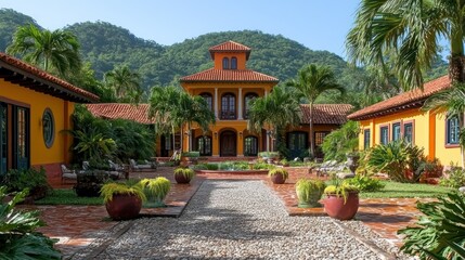 Naklejka premium Tropical estate with vibrant yellow/orange buildings, lush landscaping, and a central courtyard