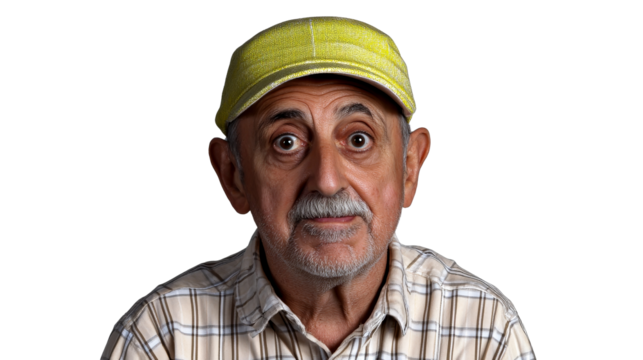 Amazed senior man portrait with yellow hat, cut out transparent
