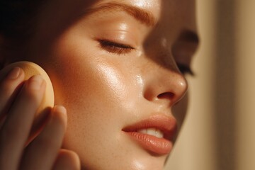 Flawless skin application using blending sponge. Natural beauty highlighted with a soft, glowing complexion. Perfect makeup for a fresh look.