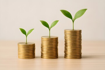 Stacked gold coins in ascending order symbolizing financial growth, wealth accumulation, economic progress, investment success, financial stability. Savings. Income growth. Business development. Money