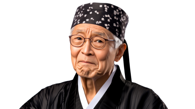 Senior Asian man in traditional garb, portrait, cut out transparent