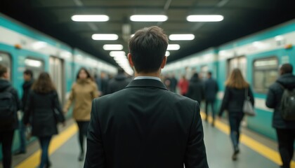 Fototapeta premium Man stands in crowded subway station, viewed from back. People blurred move forward on platform. Urban commuters on way to work. Subway train arrives. Public transport in city. Journey of business