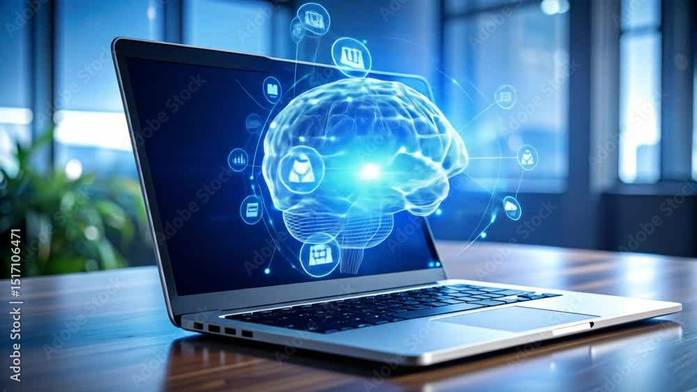 Aufkleber artificial intelligence concept with brain on laptop screen and data connection network