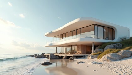 Modern beachfront house with curved walls, large glass windows, built on stilts. Luxury oceanfront residence with contemporary design. Beach, sea, sand, sky background for real estate. Modern