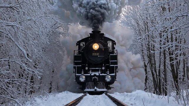Steam Locomotive Traveling Through Snowy Winter Forest.
