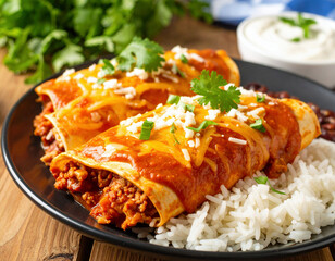 A delicious serving of enchiladas stuffed with seasoned meat and beans is topped with cheese and herbs, accompanied by fluffy white rice and garnished beautifully.	