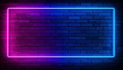 Neon light on an old brick wall. Close-up. Blue magenta background with space for design. Empty. Lighting effect. Grunge backdrop.