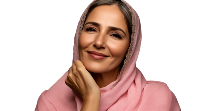 Smiling mature Arab woman wearing pink hijab, cut out transparent