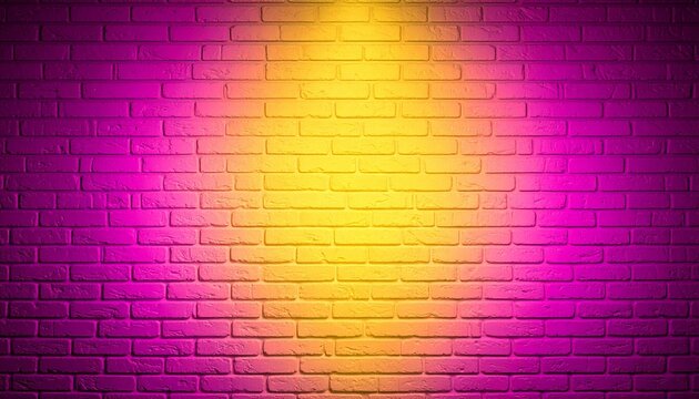 Neon light on an old brick wall. Close-up. Yellow magenta background with space for design. Empty. Lighting effect. Grunge backdrop. 