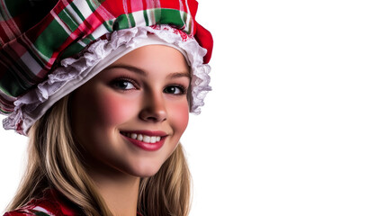 Girl smiling in festive plaid headwear, happy expression, cut out transparent