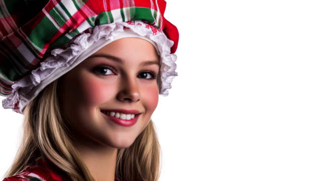 Girl smiling in festive plaid headwear, happy expression, cut out transparent