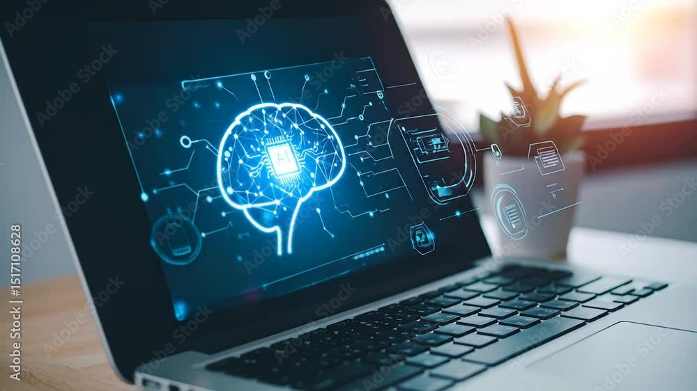 Poster artificial intelligence displayed on a laptop screen, showcasing machine learning concepts