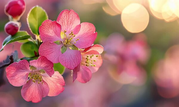 Pink Apple Blossoms in Bloom with Soft Bokeh in Pink and Orange in Bright Natural Light