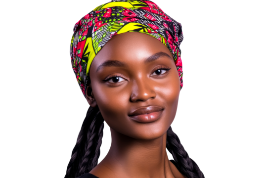 African woman portrait wearing headwrap, braids, cut out transparent