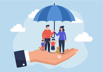 Fototapeta premium Flat vector illustration of a caring hand holding a large blue umbrella sheltering a diverse family of four (man, woman, boy, girl) and a small dog