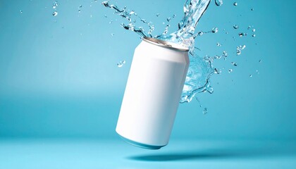 White soda can mockup photograph with water splash product photography on blue background floating in the air.