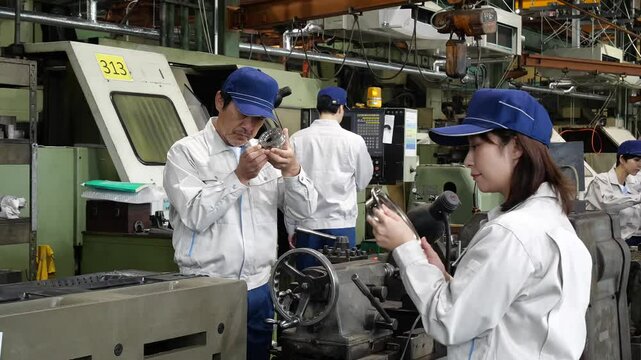 工場で旋盤加工品・フライス加工品を確認する作業員