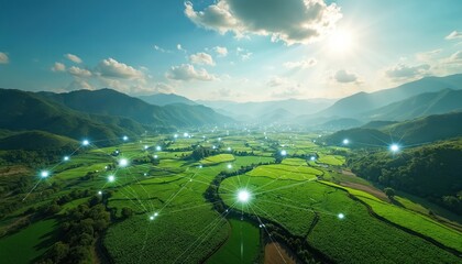 Aerial view rural landscape connected network. Concept of cloud computing, tech innovation in agriculture, healthcare. Enhancing connectivity, driving growth, sustainability, improving access to