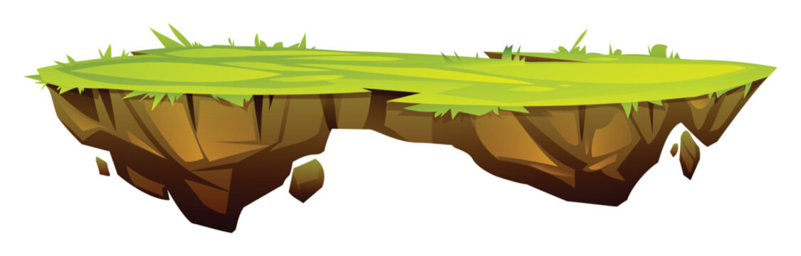 Wide and long floating island terrain with grass and rocky bottom. Vector cartoon illustration