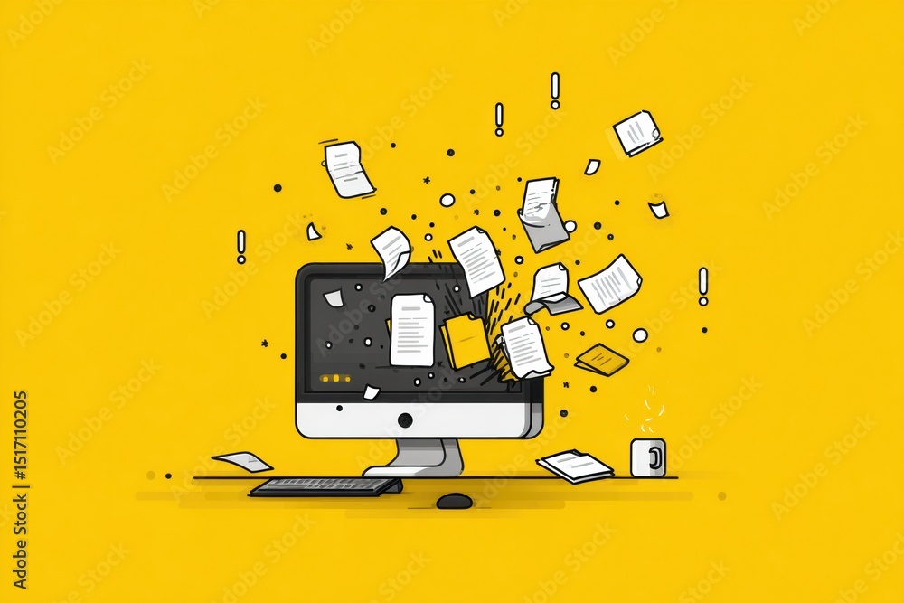 Aufkleber Crashed Computer With Flying Files and Exclamation Marks Illustrating a Chaotic Data Loss and Technical Failure Scenario