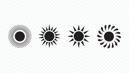Black and white sun symbol set, vector illustration of a sun with sunbeam design element