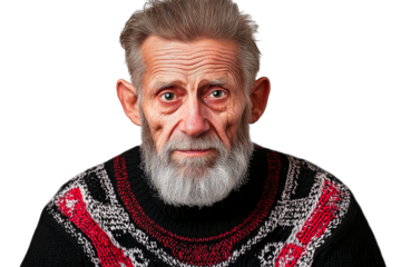 Mature man portrait with gray beard, sweater, cut out transparent