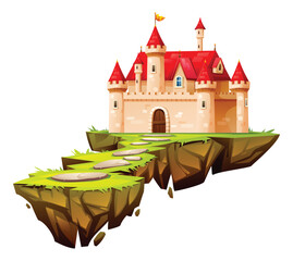 Fantasy castle with red roofs on floating island with stone path and grass. Vector cartoon illustration