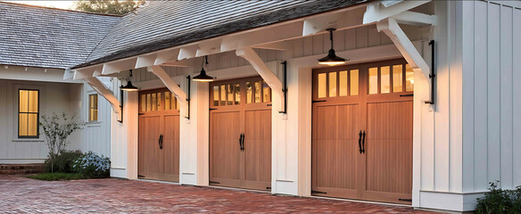 A charming farmhousestyle garage exterior with white board and batten siding two white carriagestyle garage doors with black hardware Above each door is a d