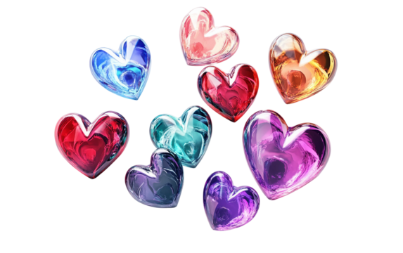 Floating digital heart icons symbolizing social media likes and online interaction concepts isolated on transparent background PNG