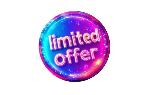 Floating glowing limited offer badge with vibrant neon effects highlighting ecommerce promotion isolated on transparent background PNG